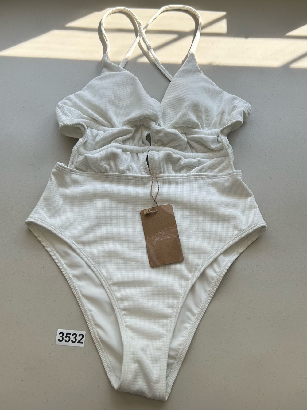Berlook Small White Textured Plunge One Piece Swimsuit New